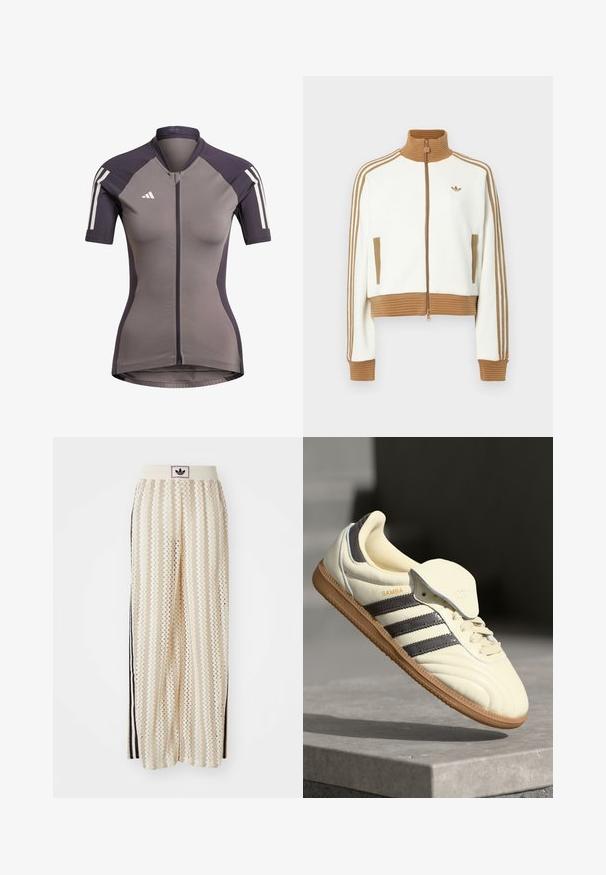 Vit kort jacka med en ribbad brun krage och muddar. Har två sidofickor och tre bruna ränder längs ärmarna. Broderad logga.; Kortärmad cykeltröja i grått med mörklila detaljer, frontdragkedja och vita ränder på axlarna. Tillverkad av stretchigt material.; Krämfärgade vida byxor med ett zick-zack-mönster, med en svart logoband och svarta sidostråk. Lätt och strukturerad tyg.; Krämfärgad lädersneaker med tre mörka ränder, en brun gummisula och rundad tå. Har en vikbar tunga märkt "SAMBA."