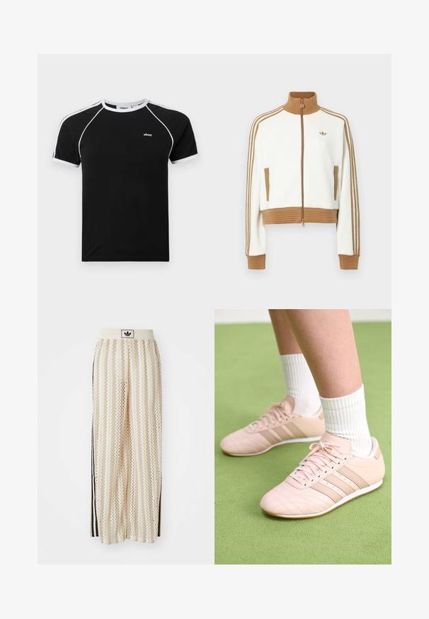 Λευκό cropped μπουφάν με ραμμένο καφέ γιακά και μανίκια. Διαθέτει δύο πλαινές τσέπες και τρεις καφέ ρίγες κατά μήκος των μανικιών. Ραμμένο λογότυπο.; Μαύρο μπλουζάκι με λευκές λεπτομέρειες, που διαθέτει στρογγυλή λαιμόκοψη, κοντά ράγκλαν μανίκια και ένα μικρό λογότυπο στο στήθος. Φτιαγμένο από μαλακό ύφασμα.; Κρεμ παντελόνια σε άλμα με ευρεία γραμμή και μοτίβο ζικ-ζακ, διαθέτοντας ζώνη με μαύρο λογότυπο και πλευρικές μαύρες ρίγες. Ελαφρύ, υφασμάτινο ύφασμα.; Ανοιχτό ροζ αθλητικά παπούτσια με διαγώνια ραφή, λευκές σόλες και τρεις πλευρικές ρίγες. Φορεμένα με ριγέ λευκές κάλτσες σε πράσινη επιφάνεια.