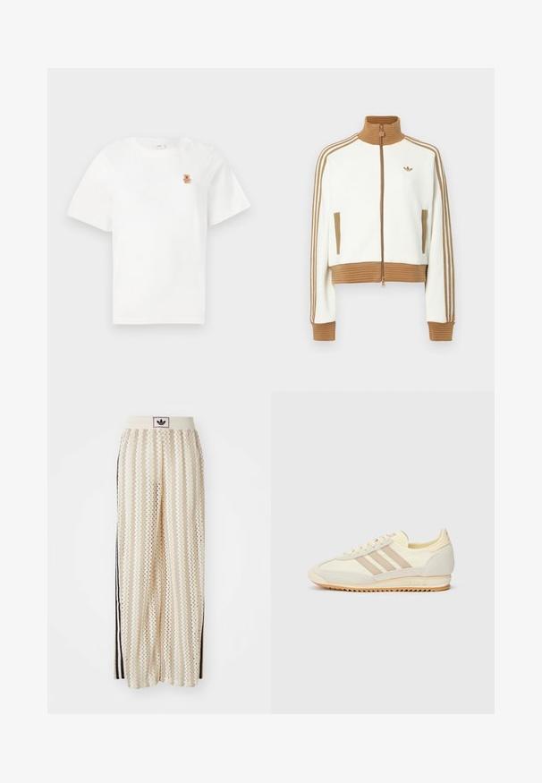 Bílá zkrácená bunda s hnědou žebrovanou límcem a manžetami. Má dvě boční kapsy a tři hnědé pruhy podél rukávů. Vyšívané logo.; Bílá tričko s krátkým rukávem, na levé straně hrudi je vyšitý malý hnědý medvídek. Jednoduchý a casualní design.; Krémové široké kalhoty s cikcak vzorem, s černým logem na pásu a černými pruhy po stranách. Lehčí, texturovaná tkanina.; Krémové sportovní tenisky s třemi béžovými pruhy, z velurové a textilní materiály, s texturovanou podrážkou a embosovaným logem na patě.