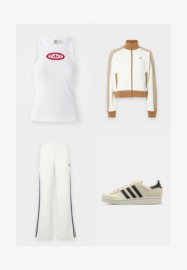 Λευκό cropped μπουφάν με ραμμένο καφέ γιακά και μανίκια. Διαθέτει δύο πλαινές τσέπες και τρεις καφέ ρίγες κατά μήκος των μανικιών. Ραμμένο λογότυπο.; Λευκή ραβδωτή tank top με κόκκινο οβάλ λογότυπο που απεικονίζει τρία στυλιζαρισμένα φύλλα στο κέντρο, κατασκευασμένη από βαμβακερό υλικό.; Ανοιχτό κρεμ παντελόνι με πλεκτό σχέδιο και καμπάνα στο κάτω μέρος. Έχει σκούρες μπλε ρίγες στο πλάι και λογότυπο Adidas στο ισχίο. Ελαστική μέση.; Λευκά δερμάτινα αθλητικά παπούτσια με μαύρες ρίγες, στρογγυλή μύτη, καουτσούκ σόλα, υφή στην επιφάνεια και σύστημα κορδονιών. Διαθέτουν λογότυπο στη φτέρνα.