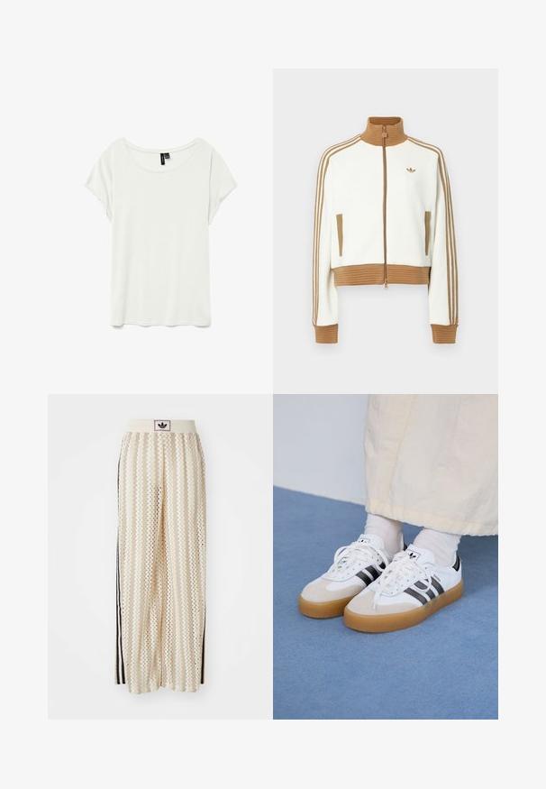 White cropped jacket with a ribbed brown collar and cuffs. Features two side pockets and three brown stripes along the sleeves. Embroidered logo.; White short-sleeve t-shirt with a scoop neckline, made from smooth, lightweight fabric. Features a relaxed fit and no visible patterns or accents.; Cream-colored wide-leg pants with a zigzag pattern, featuring a black logo waistband and side black stripes. Lightweight, textured fabric.; White sneakers with black stripes and beige suede accents. Feature a textured gum sole and flat white laces, worn with light-colored socks.