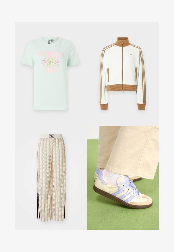 Bílá zkrácená bunda s hnědou žebrovanou límcem a manžetami. Má dvě boční kapsy a tři hnědé pruhy podél rukávů. Vyšívané logo.; Tyrkysově zelené bavlněné tričko s krátkými rukávy, s grafickým designem žlutých a růžových květin a textem "Štěstí je síla."; Krémové široké kalhoty s cikcak vzorem, s černým logem na pásu a černými pruhy po stranách. Lehčí, texturovaná tkanina.; Krémové a levandulové tenisky se třemi pruhy a texturovanou hnědou podrážkou, vybavené tkaničkami a polstrovanou patou. Měkký textilní svršek.