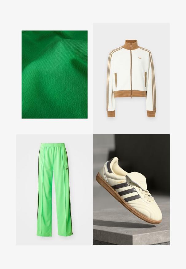 Hvid cropped jakke med en ribbet brun krave og mansjetter. Har to sidelommer og tre brune striber langs ærmerne. Broderet logo.; Grønt struktureret stof med et fint ribbet mønster, der viser glatte og bløde overfladeegenskaber. Let glans synlig.; Grønne atletiske bukser lavet af glat, let materiale, med sorte sidestriber og et broderet logo på fronten.; Cremefarvede lædersneakers med tre mørke striber, en brun gummisål og en afrundet tå. Har en foldbar tunge mærket "SAMBA."