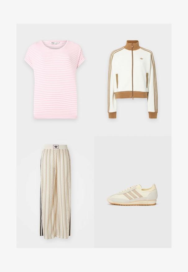 Valge lühendatud jakk, millel on soonikkoes pruun krae ja mansetid. Omab kahte küljetaskut ja kolme pruuni triipu varrukatel. Siidistatud logo.; Heled roosa lühikeste varrukatega T-särk valgete horisontaalsete triipudega. Ümar kaelus, pehme kangas ja mugav lõikega. Pole nähtavaid mustreid ega aksessuaare.; Kreemivärvilised lai säärega püksid, millel on siksakmustrit, must logoga vööp ja külgmised mustad triibud. Kerge, tekstureeritud kangas.; Kreem värvi spordijalats, millel on kolm beeži triipu, sametist ja tekstiilist materjalid, tekstureeritud tallaosa ning reljeefne bränding kandadel.