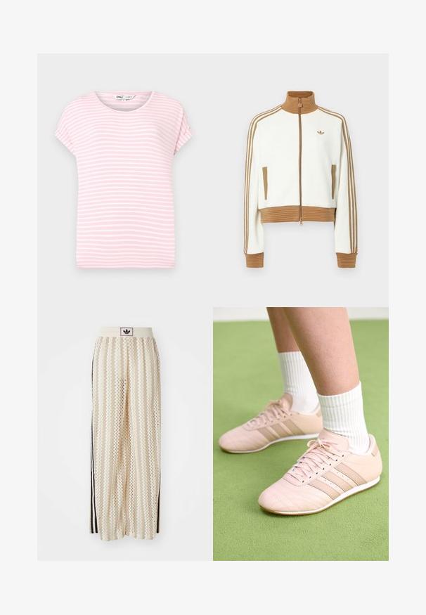 Valge lühendatud jakk, millel on soonikkoes pruun krae ja mansetid. Omab kahte küljetaskut ja kolme pruuni triipu varrukatel. Siidistatud logo.; Heled roosa lühikeste varrukatega T-särk valgete horisontaalsete triipudega. Ümar kaelus, pehme kangas ja mugav lõikega. Pole nähtavaid mustreid ega aksessuaare.; Kreemivärvilised lai säärega püksid, millel on siksakmustrit, must logoga vööp ja külgmised mustad triibud. Kerge, tekstureeritud kangas.; Heled roosa sportjalatsid diagonaalse õmblusega, valged tallad ja kolm külgtriipu. Kandmiseks ribadega valgete sokkidega rohelisel pinnal.