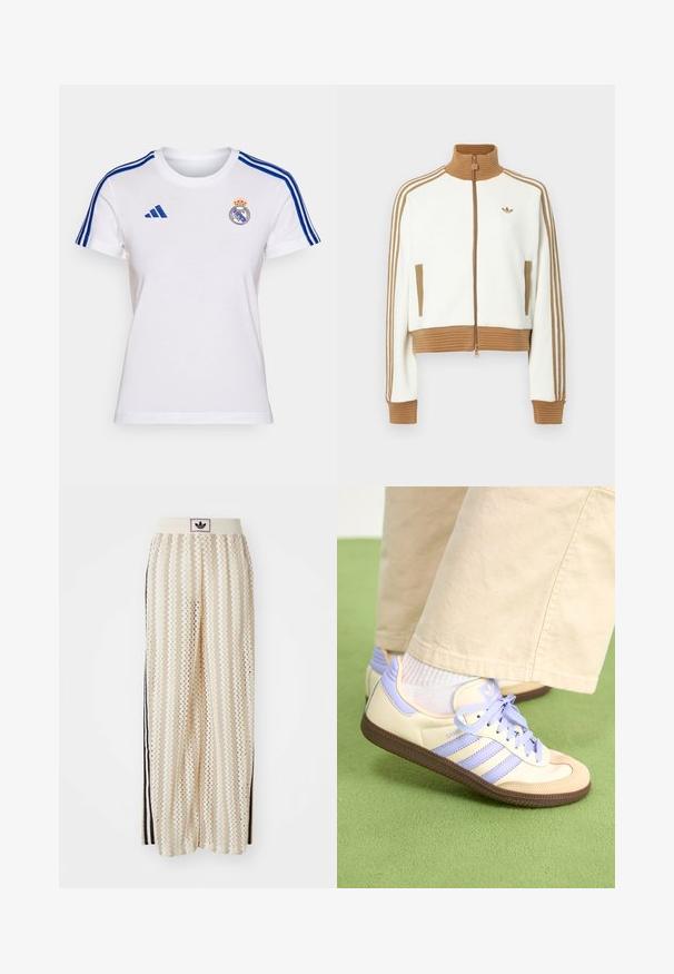 Chaqueta blanca cropped con un cuello y puños de color marrón con canalé. Cuenta con dos bolsillos laterales y tres rayas marrones a lo largo de las mangas. Logo bordado.; Camiseta de algodón blanca con rayas azules de Adidas en las mangas, con el logo del Real Madrid en el pecho y un diseño de cuello redondo.; Pantalones de pierna ancha en color crema con un patrón en zigzag, que cuentan con una cinturilla con logo negro y franjas negras en los laterales. Tejido ligero y texturizado.; Zapatillas de crema y lavanda con tres rayas y una suela marrón texturizada, que cuentan con cordones y un talón acolchado. Parte superior de tela suave.