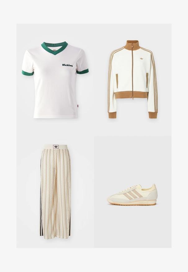 Weißes gekürztes Jacket mit einem gerippten braunen Kragen und Bündchen. Verfügt über zwei Seitentaschen und drei braune Streifen entlang der Ärmel. Besticktes Logo.; Weißes T-Shirt mit kurzen Ärmeln, grünem V-Ausschnitt und grünen Ärmelbesätzen; mit dem dunkelgrünen "Dickies"-Logo auf der linken Brust. Glatte Baumwolltextur.; Cremfarbene, weit geschnittene Hosen mit einem Zickzackmuster, ausgestattet mit einem schwarzen Logo-Bund und seitlichen schwarzen Streifen. Leichter, strukturierter Stoff.; Cremefarbene sportliche Sneakers mit drei beigen Streifen, aus Wildleder und Textilmaterialien, einer strukturierten Sohle und geprägtem Branding an der Ferse.