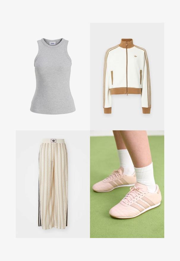Hvit cropped jakke med en rillet brun krage og mansjetter. Har to sidelommer og tre brune striper langs ermene. Brodert logo.; Grå ribbet tanktopp med rund hals, uten ermer og en tettsittende silhuett. Har et merke fra merket JJXX.; Kremfargede bukser med brede ben og zigzag-mønster, med en svart logo-linning og svarte striper på siden. Lett, teksturert stoff.; Lys rosa treningssko med skrå sømmer, hvite såler og tre laterale striper. Brukt med rillede hvite sokker på grønn overflate.