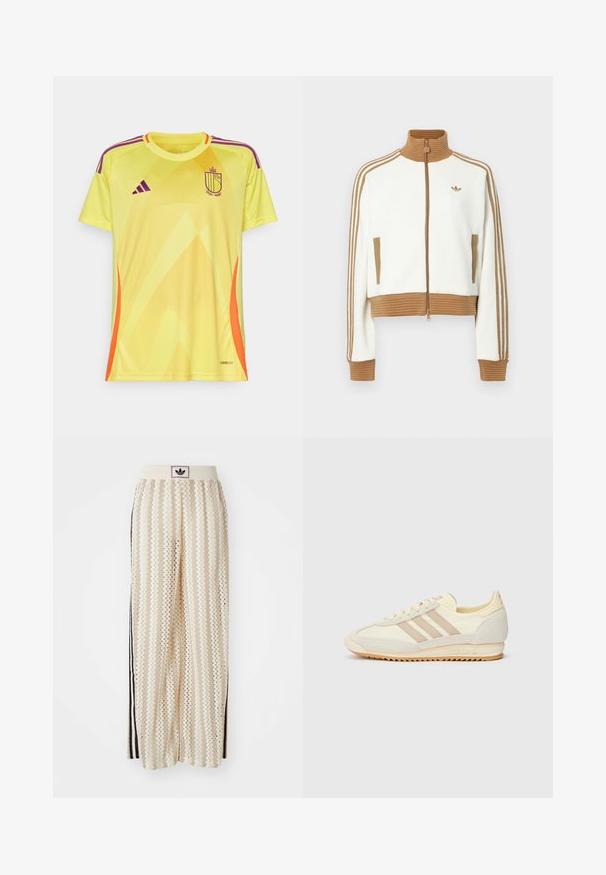Hvit cropped jakke med en rillet brun krage og mansjetter. Har to sidelommer og tre brune striper langs ermene. Brodert logo.; Gul fotbaljersey med gradientmønster, lilla og oransje aksenter, rund halslinning, korte ermer, og logo på brystet. Lett materiale.; Kremfargede bukser med brede ben og zigzag-mønster, med en svart logo-linning og svarte striper på siden. Lett, teksturert stoff.; Kremfargede joggesko med tre beige striper, laget av semsket skinn og tekstilmaterialer, med en teksturert såle og preget merkevare på hælen.