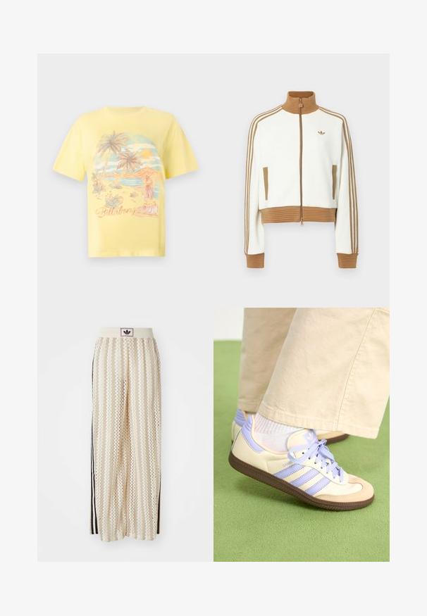 White cropped jacket with a ribbed brown collar and cuffs. Features two side pockets and three brown stripes along the sleeves. Embroidered logo.; Yellow cotton t-shirt featuring a tropical beach scene with palm trees, a sunset, and a hula dancer illustration. "Billabong" in script.; Cream-colored wide-leg pants with a zigzag pattern, featuring a black logo waistband and side black stripes. Lightweight, textured fabric.; Cream and lavender sneakers with three stripes and a textured brown sole, featuring laces and a padded heel. Soft fabric upper.