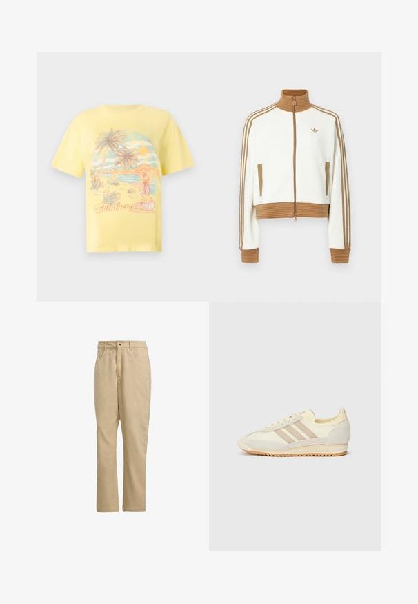 Weißes gekürztes Jacket mit einem gerippten braunen Kragen und Bündchen. Verfügt über zwei Seitentaschen und drei braune Streifen entlang der Ärmel. Besticktes Logo.; Gelbes Baumwoll-T-Shirt mit einer tropischen Strand-Szene, die Palmen, einen Sonnenuntergang und eine Hula-Tänzerin zeigt. "Billabong" in geschwungener Schrift.; Khakifarbene Baumwollhosen mit geradem Schnitt, ausgestattet mit einem vorderen Knopfverschluss, zwei Seitentaschen und minimaler Markenkennzeichnung auf der Vorderseite.; Cremefarbene sportliche Sneakers mit drei beigen Streifen, aus Wildleder und Textilmaterialien, einer strukturierten Sohle und geprägtem Branding an der Ferse.
