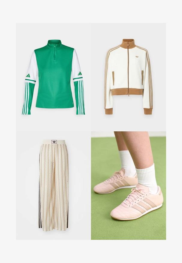 Giacca bianca cropped con collo e polsini a coste marroni. Presenta due tasche laterali e tre strisce marroni lungo le maniche. Logo ricamato.; Maglietta atletica in poliestere verde con colletto alto, chiusura a mezza zip, maniche bianche e tre strisce bianche su ciascuna manica.; Pantaloni a gamba larga color crema con un motivo a zigzag, dotati di una fascia in vita nera con logo e strisce nere laterali. Tessuto leggero e testurizzato.; Scarpe da ginnastica rosa chiaro con cuciture diagonali, suole bianche e tre strisce laterali. Indossate con calze bianche a coste su una superficie verde.