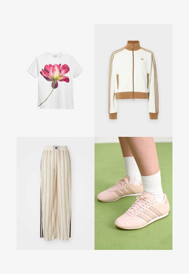 Valge lühendatud jakk, millel on soonikkoes pruun krae ja mansetid. Omab kahte küljetaskut ja kolme pruuni triipu varrukatel. Siidistatud logo.; Valge puuvillane t-särk, mille esiküljel on suur, värvikas roosa lillegraafika koos rohelise varre detailiga. Lühikesed varrukad, ümmarguse kaelusega disain.; Kreemivärvilised lai säärega püksid, millel on siksakmustrit, must logoga vööp ja külgmised mustad triibud. Kerge, tekstureeritud kangas.; Heled roosa sportjalatsid diagonaalse õmblusega, valged tallad ja kolm külgtriipu. Kandmiseks ribadega valgete sokkidega rohelisel pinnal.