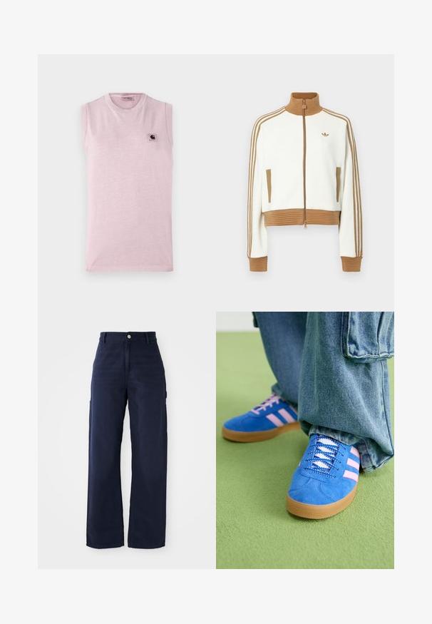 Chaqueta blanca cropped con un cuello y puños de color marrón con canalé. Cuenta con dos bolsillos laterales y tres rayas marrones a lo largo de las mangas. Logo bordado.; Camiseta sin mangas de color rosa claro, hecha de una tela suave, con cuello redondo y un pequeño parche de logo cuadrado en el lado izquierdo del pecho.; Pantalones cargo de pierna ancha en azul marino, confeccionados con una tela de algodón resistente, que incluyen bolsillos laterales y cierre de botón en la cintura.; Zapatos de gamuza azul con rayas rosas y cordones blancos, con una suela de goma, combinados con pantalones denim holgados sobre una superficie verde.