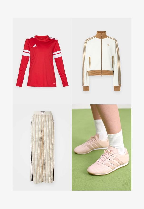 Giacca bianca cropped con collo e polsini a coste marroni. Presenta due tasche laterali e tre strisce marroni lungo le maniche. Logo ricamato.; Maglietta sportiva rossa a maniche lunghe realizzata in tessuto liscio, con strisce bianche sulle maniche e un logo sul petto. Collo rotondo.; Pantaloni a gamba larga color crema con un motivo a zigzag, dotati di una fascia in vita nera con logo e strisce nere laterali. Tessuto leggero e testurizzato.; Scarpe da ginnastica rosa chiaro con cuciture diagonali, suole bianche e tre strisce laterali. Indossate con calze bianche a coste su una superficie verde.