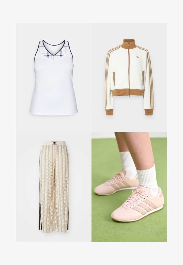Giacca bianca cropped con collo e polsini a coste marroni. Presenta due tasche laterali e tre strisce marroni lungo le maniche. Logo ricamato.; Canottiera bianca sportiva con scollatura a V e motivo a scacchi in blu navy e rosso nella parte superiore. Tessuto liscio e leggero.; Pantaloni a gamba larga color crema con un motivo a zigzag, dotati di una fascia in vita nera con logo e strisce nere laterali. Tessuto leggero e testurizzato.; Scarpe da ginnastica rosa chiaro con cuciture diagonali, suole bianche e tre strisce laterali. Indossate con calze bianche a coste su una superficie verde.
