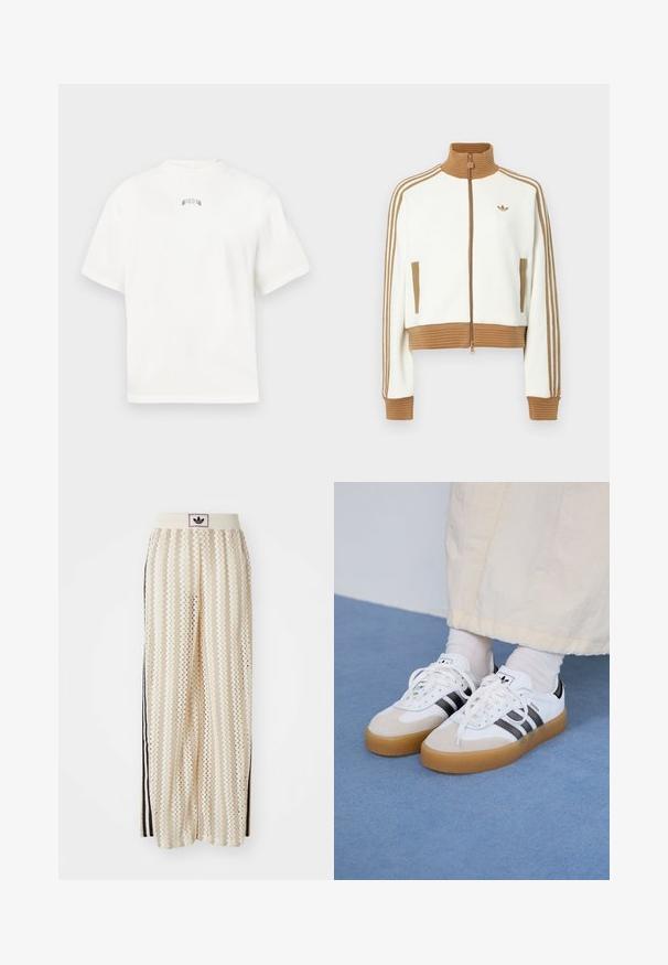 Biely skrátený kabát s rebrovaným hnedým golierom a manžetami. Obsahuje dve bočné vrecká a tri hnedé pruhy po stranách rukávov. Vyšívané logo.; Biele tričko s krátkym rukávom a okrúhlym výstrihom, s jemným zeleným vyšitým textom na zadnej strane. Mäkko bavlnený materiál, voľný strih.; Béžové nohavice s širokými nohavicami a zigzagovými vzormi, s čiernym logom na páse a bočnými čiernymi pruhmi. Ľahká, textúrovaná látka.; Biele tenisky s čiernymi pruhmi a béžovými semišovými detailmi. Majú textúrovanú gumovú podrážku a ploché biele šnúrky, kombinované s svetlými ponožkami.