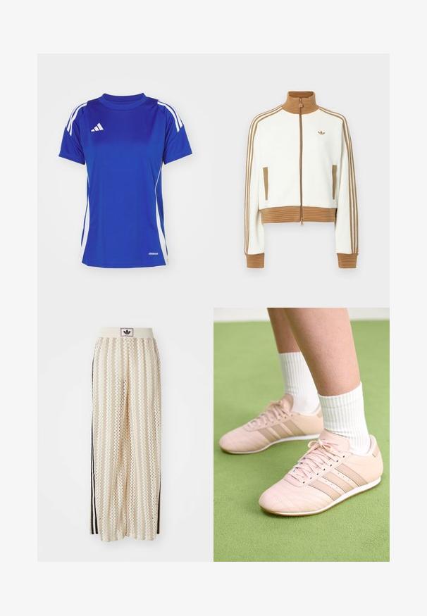 Valge lühendatud jakk, millel on soonikkoes pruun krae ja mansetid. Omab kahte küljetaskut ja kolme pruuni triipu varrukatel. Siidistatud logo.; Sinine sportlik T-särk valgete triipudega õlgadel, ümarate kraega ja "AEROREADY" sildiga allääres. Valmistatud siledast, kergest kangast.; Kreemivärvilised lai säärega püksid, millel on siksakmustrit, must logoga vööp ja külgmised mustad triibud. Kerge, tekstureeritud kangas.; Heled roosa sportjalatsid diagonaalse õmblusega, valged tallad ja kolm külgtriipu. Kandmiseks ribadega valgete sokkidega rohelisel pinnal.