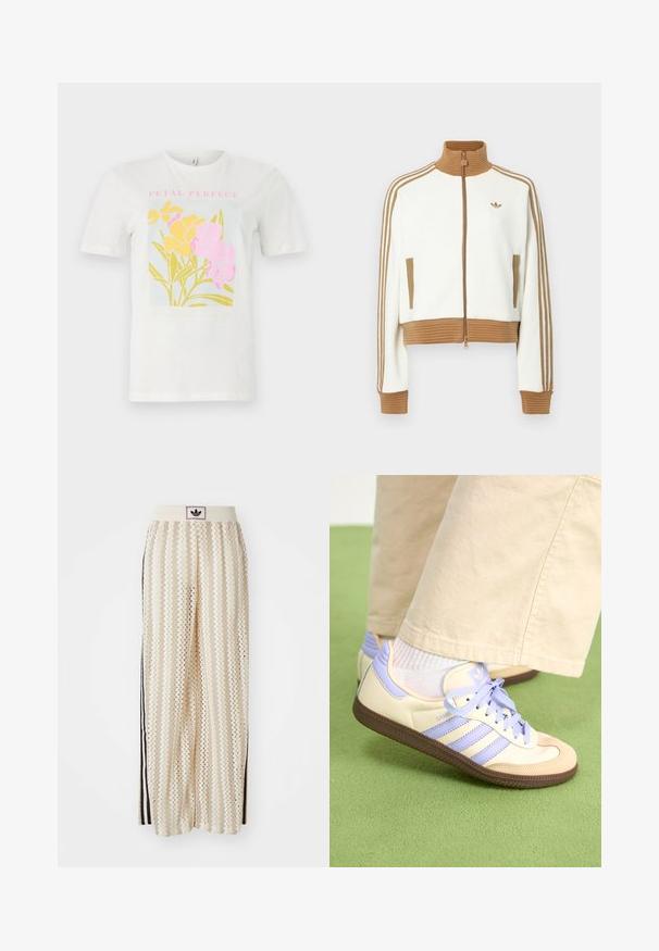 Biely skrátený kabát s rebrovaným hnedým golierom a manžetami. Obsahuje dve bočné vrecká a tri hnedé pruhy po stranách rukávov. Vyšívané logo.; Biele bavlnené tričko s farebnou kvetinovou potlačou, na ktorej sú žlté a ružové kvety, so zvýrazneným textom "PETAL PERFECT" v ružovej farbe na svetlo modrom pozadí.; Béžové nohavice s širokými nohavicami a zigzagovými vzormi, s čiernym logom na páse a bočnými čiernymi pruhmi. Ľahká, textúrovaná látka.; Krémovo-fialové tenisky so tromi pruhmi a štruktúrovanou hnedou podrážkou, s šnúrkami a polstrovaným opätkom. Mäkký textilný zvršok.