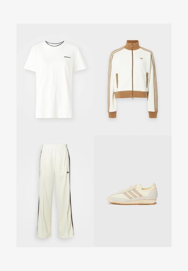 Balta trumpa striukė su raguoto rudo koloriumi ir rankogaliais. Yra dvi šoninės kišenės ir trys rudos juostelės palei rankoves. Išsiuvinėtas logotipas.; Balta medvilnė marškinėliai su trumpomis rankovėmis ir apvalia iškirpte. Ant krūtinės yra juodas Adidas logotipas, o vidinė apykaklė yra kontrastinga juoda.; Kreminės spalvos laisvos kelnės, turinčios tamsiai rudas šonines juostas ir išsiuvinėtą logotipą kairiajame šlaunyje.; Kreminių spalvų sportiniai bateliai su trimis bežinėmis juostelėmis, pagaminti iš zomšos ir tekstilės medžiagų, su tekstūruota baze ir įspaustu prekiniu ženklu ant kulno.