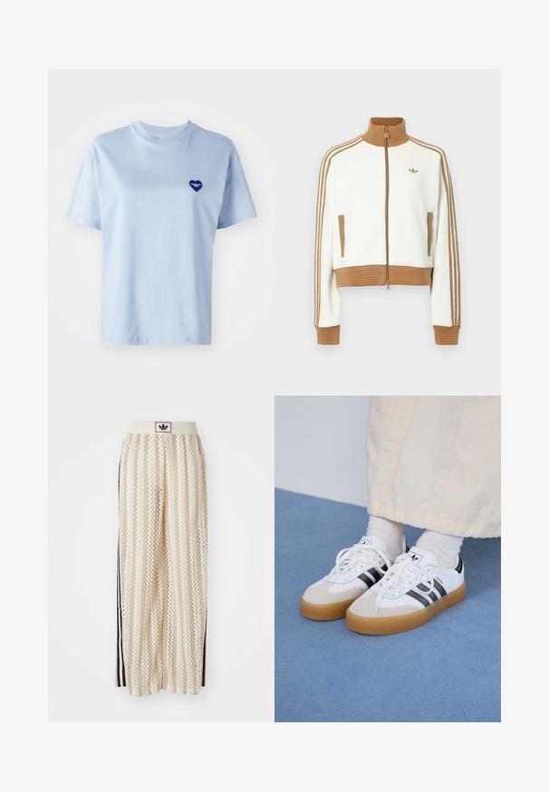 Bijela skraćena jakna s rebrastim smeškim ovratnikom i manžetama. Ima dva bočna džepa i tri smeđe pruge duž rukava. Izvezeni logo.; Svijetloplava majica kratkih rukava od mekanog pamuka, s malim plavim srcem logom na lijevoj strani prsnog koša. Okrugli izrez, opušteni kroj.; Pantalone širokog kroja krem boje s zigzag uzorkom, koji sadrži sivi pojas s crnim logotipom i bočne crne pruge. Lagani, teksturirani materijal.; Bjele tenisice s crnim prugama i bež suknjom. Imaju teksturiranu gumu potplat i ravne bijele vezice, nošene uz svijetle čarape.