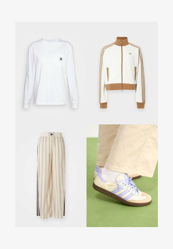 Biała kurtka typu crop z prążkowanym brązowym kołnierzem i mankietami. Posiada dwie boczne kieszenie i trzy brązowe paski na rękawach. Wyhaftowane logo.; Biała koszulka z długim rękawem wykonana z bawełny, z kieszenią na piersi z kwadratową naszywką logotypu, okrągłym dekoltem i ściągaczami na rękawach.; Kremowe szerokie spodnie w stylu palazzo z wzorem w zygzak, z czarnym paskiem z logo oraz bocznymi czarnymi paskami. Lekki, teksturowany materiał.; Kremowe i lawendowe trampki z trzema paskami oraz teksturowaną brązową podeszwą, wyposażone w sznurówki i wyścieloną piętę. Górna część z miękkiego materiału.