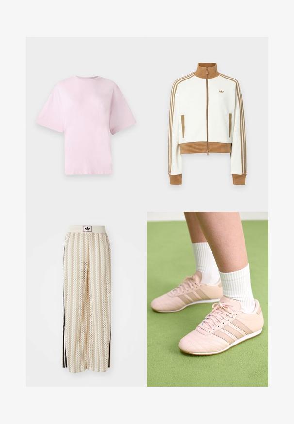 Veste blanche raccourcie avec un col et des poignets côtelés marron. Comprend deux poches latérales et trois bandes marron le long des manches. Logo brodé.; T-shirt en coton rose avec un col rond, des manches courtes et une coupe surdimensionnée. Texture douce et design simple sans motifs ni accents.; Pantalons larges crème avec un motif en zigzag, dotés d'une ceinture logo noire et de bandes noires sur les côtés. Tissu léger et texturé.; Baskets de sport rose clair avec des coutures en diagonale, semelles blanches et trois rayures latérales. Portées avec des chaussettes blanches à côtes sur une surface verte.
