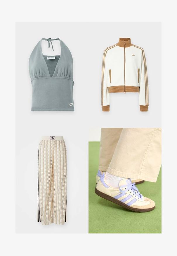 Biała kurtka typu crop z prążkowanym brązowym kołnierzem i mankietami. Posiada dwie boczne kieszenie i trzy brązowe paski na rękawach. Wyhaftowane logo.; Krótki top na cienkich ramiączkach w stonowanej szarości, wykonany z miękkiego materiału, z marszczonym biustem, szczegółami z siateczki oraz małą metką z logo na dole.; Kremowe szerokie spodnie w stylu palazzo z wzorem w zygzak, z czarnym paskiem z logo oraz bocznymi czarnymi paskami. Lekki, teksturowany materiał.; Kremowe i lawendowe trampki z trzema paskami oraz teksturowaną brązową podeszwą, wyposażone w sznurówki i wyścieloną piętę. Górna część z miękkiego materiału.