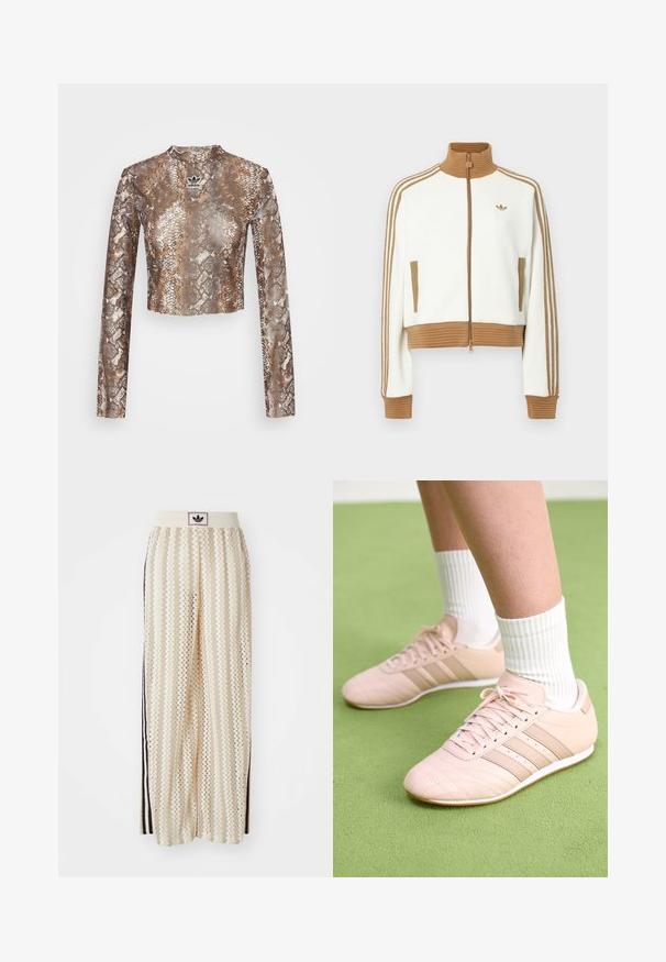 Balta trumpa striukė su raguoto rudo koloriumi ir rankogaliais. Yra dvi šoninės kišenės ir trys rudos juostelės palei rankoves. Išsiuvinėtas logotipas.; adidas Originals SNAKE - Ilgarankovis viršutinės dalies drabužis - multi-coloured; Grietos spalvos plačios kelnės su zigzagų raštu, turinčios juodą logotipo juostą ir šonines juodas juosteles. Lengvas, tekstūruotas audinys.; Šviesiai rožiniai sportiniai batai su įstrižai siūtomis detalėmis, baltais pado ir trimis šoninėmis juostomis. Dėvimi su banguotomis baltomis kojinėmis ant žalios paviršiaus.