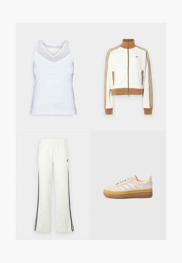Bijela skraćena jakna s rebrastim smeškim ovratnikom i manžetama. Ima dva bočna džepa i tri smeđe pruge duž rukava. Izvezeni logo.; Bijela majica bez rukava od glatkog materijala, s V-izrezom i prozirnim mrežastim detaljima na ramenima. Jednostavan i prilagođen dizajn.; Svijetlo kremaste pletene hlače s kabelskim uzorkom i širokim krojem. Imaju tamnoplave bočne pruge i Adidas logo na kukovima. Elastični pojas.; Bež kožni tenisic s tri bijele pruge, teksturiranim braon potplatom i zlatnim logotipom. Ima zaobljeni vrh i mekani obloženi rub.
