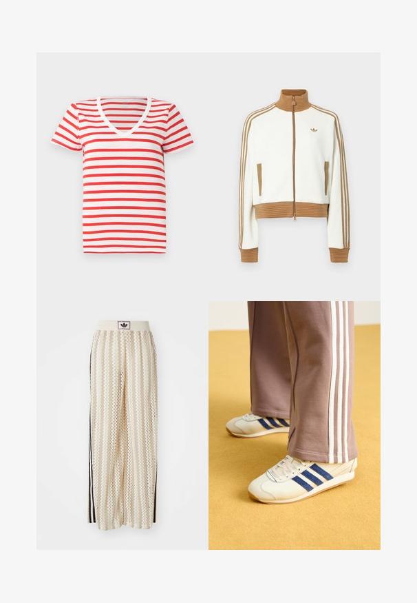 Weißes gekürztes Jacket mit einem gerippten braunen Kragen und Bündchen. Verfügt über zwei Seitentaschen und drei braune Streifen entlang der Ärmel. Besticktes Logo.; Rot-weiß gestreiftes V-Ausschnitt-T-Shirt aus weicher Baumwolle, mit kurzen Ärmeln und lockerer Passform. Einfaches Design mit gleichmäßigen Streifen.; Cremfarbene, weit geschnittene Hosen mit einem Zickzackmuster, ausgestattet mit einem schwarzen Logo-Bund und seitlichen schwarzen Streifen. Leichter, strukturierter Stoff.; Cremfarbene Sneaker mit blauen Wildlederstreifen, weißen Schnürsenkeln und einer Gummisohle. Kombiniert mit grauen Jogginghosen mit weißen Seitenstreifen.