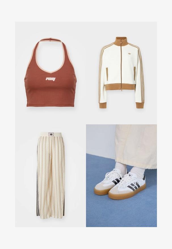 Balta īsā jaka ar ribotu brūnu apkakli un aprocēm. Iezīmēti divi sānu kabatas un trīs brūnas svītras gar piedurknēm. Izšūts logo.; Brūns ribots krūšturis ar halter stila kakla dizainu, kontrastējošu gaiši rozā apdari un balto izšūto "ruby" logo priekšā.; Krēmbalti plaša piegriezuma bikses ar zigzaga rakstu, ar melnu logotipa jostu un melnām sānu svītrām. Viegls, teksturēts audums.; Baltas sporta apavi ar melnām svītrām un beisīgo zamšādu akcentiem. Ievies struktūrētu gumijas zoli un izkārtotas baltas šnerves, valkāti ar gaišiem zeķēm.