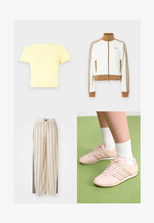 Giacca bianca cropped con collo e polsini a coste marroni. Presenta due tasche laterali e tre strisce marroni lungo le maniche. Logo ricamato.; T-shirt a maniche corte, corta, in cotone giallo chiaro, con collo tondo classico e texture liscia, adatta per un look casual.; Pantaloni a gamba larga color crema con un motivo a zigzag, dotati di una fascia in vita nera con logo e strisce nere laterali. Tessuto leggero e testurizzato.; Scarpe da ginnastica rosa chiaro con cuciture diagonali, suole bianche e tre strisce laterali. Indossate con calze bianche a coste su una superficie verde.