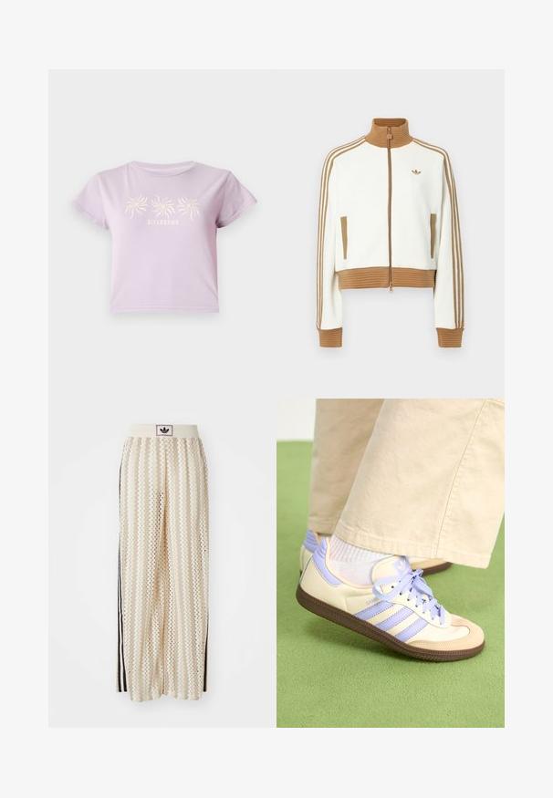 Hvit cropped jakke med en rillet brun krage og mansjetter. Har to sidelommer og tre brune striper langs ermene. Brodert logo.; Lilla bomulls t-skjorte med korte ermer, med et grafisk trykk av tre spiraler over teksten "BILLABONG" i en lysere nyanse.; Kremfargede bukser med brede ben og zigzag-mønster, med en svart logo-linning og svarte striper på siden. Lett, teksturert stoff.; Kremfargede og lavendelfargede joggesko med tre striper og en teksturert brun såle, med lisser og en polstret hæl. Mykt stofføvre.