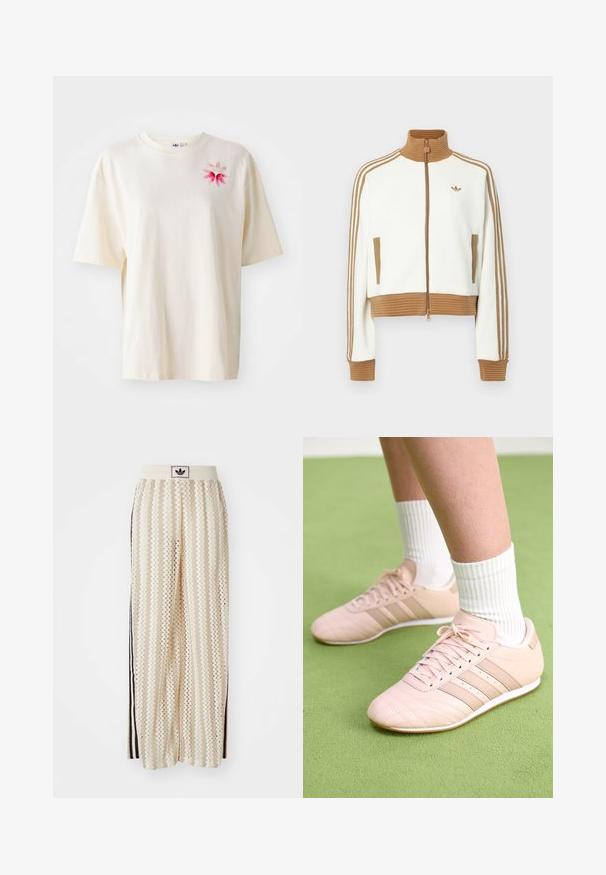 Balta trumpa striukė su raguoto rudo koloriumi ir rankogaliais. Yra dvi šoninės kišenės ir trys rudos juostelės palei rankoves. Išsiuvinėtas logotipas.; Šviesiai smėlinės spalvos medvilninė marškinėliai su rausvu gėlių ir logotipo siuvinėjimu kairiajame krūtinės pusėje. Laisvas kirpimas, trumpi rankoviai, apvalus kaklas.; Grietos spalvos plačios kelnės su zigzagų raštu, turinčios juodą logotipo juostą ir šonines juodas juosteles. Lengvas, tekstūruotas audinys.; Šviesiai rožiniai sportiniai batai su įstrižai siūtomis detalėmis, baltais pado ir trimis šoninėmis juostomis. Dėvimi su banguotomis baltomis kojinėmis ant žalios paviršiaus.