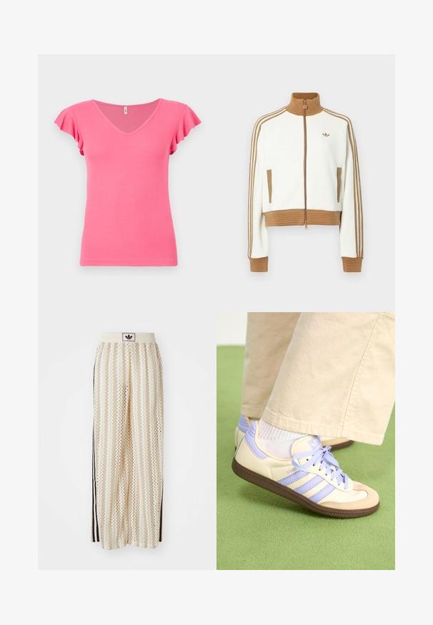 Witte cropped jas met een geribbeld bruin kraag en boorden. Voorzien van twee zijzakken en drie bruine strepen langs de mouwen. Geborduurd logo.; Roze geribbelde top met korte mouwen, een V-hals en gerimpelde mouwen, met een getailleerde snit en een gladde textuur.; Crème kleurige wijde broek met een zigzagpatroon, met een zwarte logo tailleband en zij zwarte strepen. Lichtgewicht, gestructureerde stof.; Crème- en lavendel-sneakers met drie strepen en een gestructureerde bruine zool, voorzien van veters en een gewatteerde hiel. Zachte stoffen bovenkant.