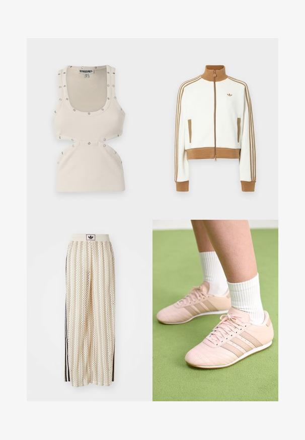 Hvit cropped jakke med en rillet brun krage og mansjetter. Har to sidelommer og tre brune striper langs ermene. Brodert logo.; Hvit ribbet tanktop med et slimmet design, som har sølvfargede trykknapper langs skuldrene og utskåret detaljer ved midjen.; Kremfargede bukser med brede ben og zigzag-mønster, med en svart logo-linning og svarte striper på siden. Lett, teksturert stoff.; Lys rosa treningssko med skrå sømmer, hvite såler og tre laterale striper. Brukt med rillede hvite sokker på grønn overflate.