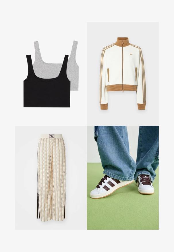 Giacca bianca cropped con collo e polsini a coste marroni. Presenta due tasche laterali e tre strisce marroni lungo le maniche. Logo ricamato.; Due canotte in misto cotone: una nera e una grigia, entrambe con texture a coste e spalline larghe, dotate di scollatura a girocollo e vestibilità comoda.; Pantaloni a gamba larga color crema con un motivo a zigzag, dotati di una fascia in vita nera con logo e strisce nere laterali. Tessuto leggero e testurizzato.; Sneaker bianchi con strisce marroni, tomaia in pelle strutturata e lacci marroni. Indossati con pantaloni in denim blu larghi su una superficie verde.