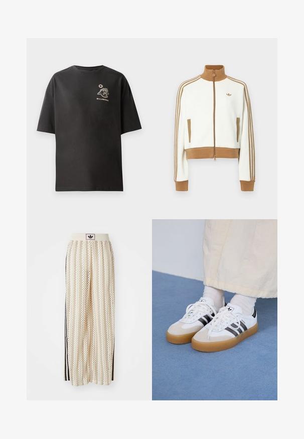 Fehér, rövidített dzseki bordás barna gallérral és mandzsettákkal. Két oldalsó zsebbe és három barna csíkba az ujjak mentén. Hímzett logóval.; Fekete, rövid ujjú póló, amelyen kis fehér Billabong logó és grafika található a mellrészen. Puha pamutból készült, laza szabású.; Krém színű, széles szárú nadrág zigzag mintával, fekete logós derékrésszel és fekete oldalsávokkal. Könnyű, texturált anyag.; Fehér sportcipő fekete csíkokkal és bézs velúr részletekkel. Texturált gumi talppal és lapos fehér fűzőkkel rendelkezik, világos színű zoknival viselve.