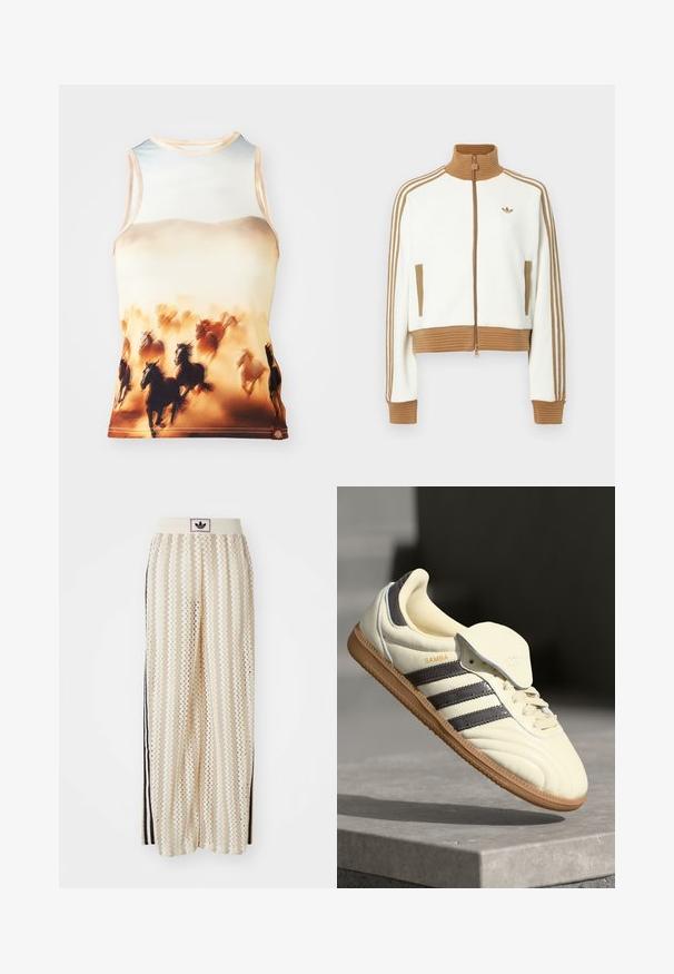 Bijela skraćena jakna s rebrastim smeškim ovratnikom i manžetama. Ima dva bočna džepa i tri smeđe pruge duž rukava. Izvezeni logo.; Top bez rukava s printom trčećih konja u smešnim i krem tonovima, izrađen od glatkog materijala, sa zaobljenim izrezom i pripijenim dizajnom.; Pantalone širokog kroja krem boje s zigzag uzorkom, koji sadrži sivi pojas s crnim logotipom i bočne crne pruge. Lagani, teksturirani materijal.; Kremaste kožne tenisice s tri tamne pruge, smešnim gumiranim potplatom i zaobljenim vrhom. Imaju preklopni jezik označen s "SAMBA."