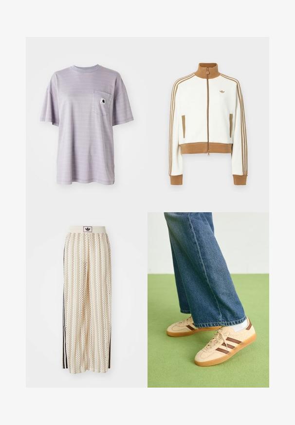 White cropped jacket with a ribbed brown collar and cuffs. Features two side pockets and three brown stripes along the sleeves. Embroidered logo.; Light purple short-sleeve t-shirt featuring subtle horizontal stripes and a chest pocket with a small brand logo. Soft cotton fabric.; Cream-colored wide-leg pants with a zigzag pattern, featuring a black logo waistband and side black stripes. Lightweight, textured fabric.; Beige sneakers with textured cream panels and brown stripes, paired with blue denim jeans. The jeans have a wide leg and frayed hem.