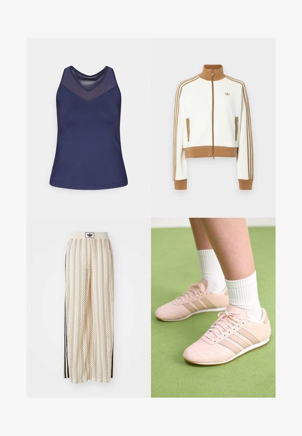 Fehér, rövidített dzseki bordás barna gallérral és mandzsettákkal. Két oldalsó zsebbe és három barna csíkba az ujjak mentén. Hímzett logóval.; Tengerészkék ujjatlan felső V-nyakkivágással és hálós panelek díszítésével. Simma anyag, testhezálló fazon és varrott szél.; Krém színű, széles szárú nadrág zigzag mintával, fekete logós derékrésszel és fekete oldalsávokkal. Könnyű, texturált anyag.; Világos rózsaszín sportcipők, átlós varrással, fehér talppal és három oldalsó csíkkal. Zöld felületen bordázott fehér zoknikkal viselve.