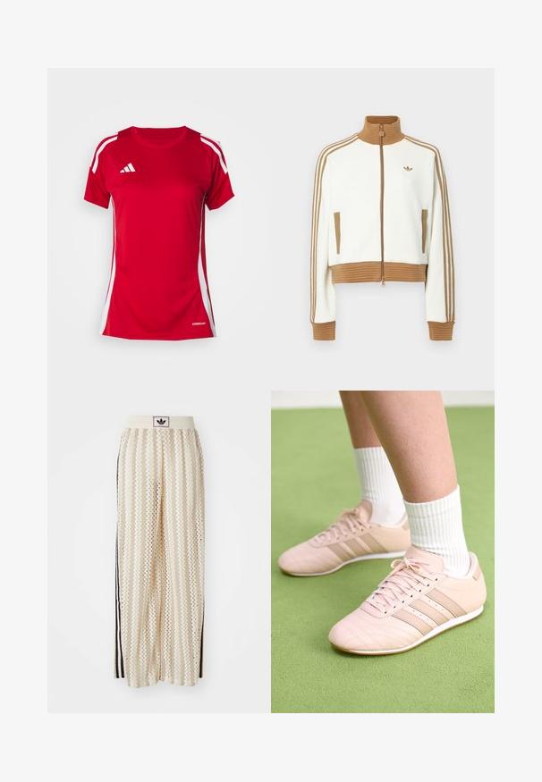 Bílá zkrácená bunda s hnědou žebrovanou límcem a manžetami. Má dvě boční kapsy a tři hnědé pruhy podél rukávů. Vyšívané logo.; Červené sportovní tričko s krátkým rukávem, bílé boční pruhy a bílé logo Adidas. Vyrobeno z materiálu odvádějícího vlhkost, označeno jako AEROREADY.; Krémové široké kalhoty s cikcak vzorem, s černým logem na pásu a černými pruhy po stranách. Lehčí, texturovaná tkanina.; Svetle růžové sportovní boty s diagonálním švem, bílou podrážkou a třemi bočními pruhy. Nosené s bílými žebrovanými ponožkami na zeleném povrchu.