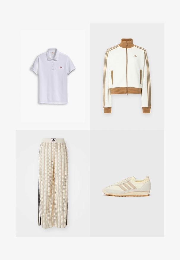 Balta īsā jaka ar ribotu brūnu apkakli un aprocēm. Iezīmēti divi sānu kabatas un trīs brūnas svītras gar piedurknēm. Izšūts logo.; Balts polo krekls izgatavots no kokvilnas, ar klasisku apkakli, trīs pogu slēgšanu un mazu sarkanu Levi's logo kreisajā krūtī.; Krēmbalti plaša piegriezuma bikses ar zigzaga rakstu, ar melnu logotipa jostu un melnām sānu svītrām. Viegls, teksturēts audums.; Krēma krāsas sporta apavi ar trim beiga joslām, izgatavoti no zamša un tekstila materiāliem, ar fakturētu zoli un iegravētu zīmolu uz papēža.