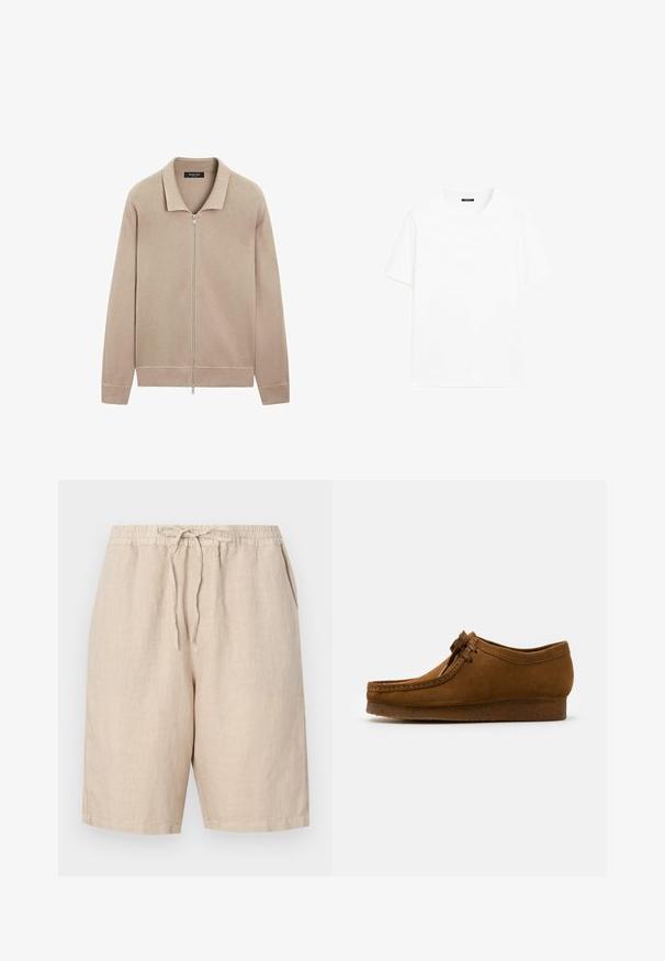 Beige langærmet strikket jakke med fuld lynlås fortil og krave, ribbede manchetter og talje, lavet af Massimo Dutti.; Hvid bomulds t-shirt med korte ærmer, rund halsudskæring og lige pasform. Glat tekstur uden synlige mønstre eller detaljer.; Linnedragt i en lys beige farve med elastisk talje, justerbar snor og sidelommer. Glat tekstur med en afslappet pasform.; Brune ruskind sko med rund tå og lav hæl, detaljeret syning langs sømmene og snørelukning fortil. Blød tekstur med strømlinet design.