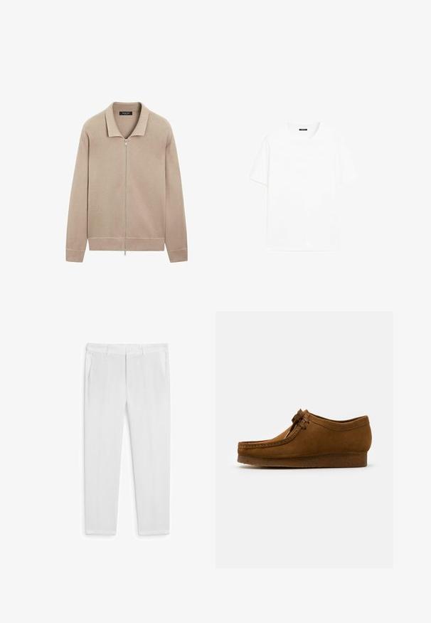 Giacca a maglia beige a maniche lunghe con zip centrale completa e colletto, polsini e vita a costine, realizzata da Massimo Dutti.; T-shirt bianco in cotone con maniche corte, scollatura tonda e linea dritta. Texture liscia senza motivi o dettagli visibili.; Pantaloni in lino bianchi con una vestibilità dritta, dotati di due tasche frontali e chiusura a bottone. Tessuto liscio, senza motivo o decorazioni visibili.; Scarpa in suede marrone con punta rotonda e tacco basso, cuciture dettagliate lungo le cuciture e chiusura con lacci. Texture morbida con design snodato.