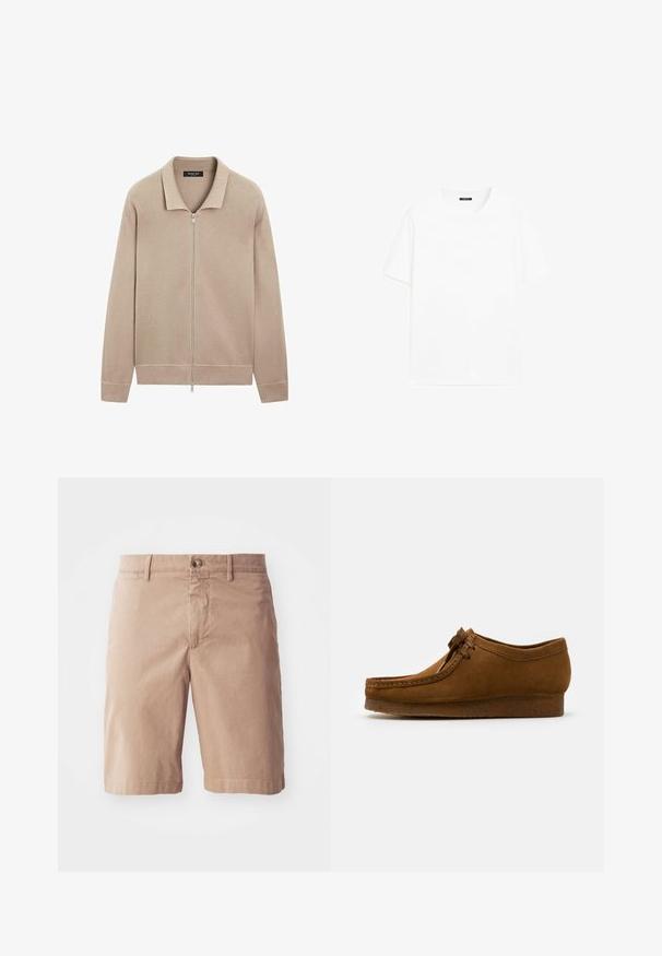 Beige langærmet strikket jakke med fuld lynlås fortil og krave, ribbede manchetter og talje, lavet af Massimo Dutti.; Hvid bomulds t-shirt med korte ærmer, rund halsudskæring og lige pasform. Glat tekstur uden synlige mønstre eller detaljer.; Beige bomulds-short med lige ben-design, der har en frontlukning med knap og bæltestropper. Glat tekstur med minimal syning.; Brune ruskind sko med rund tå og lav hæl, detaljeret syning langs sømmene og snørelukning fortil. Blød tekstur med strømlinet design.