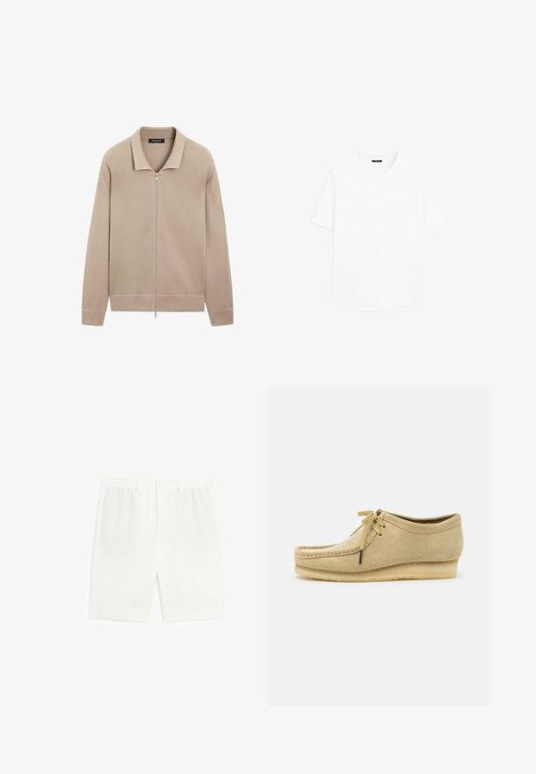 Beige Strickjacke mit langen Ärmeln, vollem Frontreißverschluss und Kragen, gerippten Bündchen und Saum, hergestellt von Massimo Dutti.; Weißes Baumwoll-T-Shirt mit kurzen Ärmeln, rundem Ausschnitt und geradem Schnitt. Glatte Textur ohne sichtbare Muster oder Akzente.; Weiße maßgeschneiderte Shorts mit flachem Bund, elastischem Taillenband und ohne Taschen. Hergestellt aus leichtem Stoff, der eine glatte Textur aufweist.; Beige Wildlederschuh mit Schnürdesign, gestickten Details und Gummisohle. Die Form ist lässig mit einem leichten Keilabsatz.