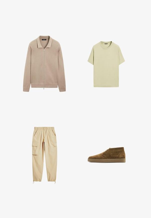 Beige Strickjacke mit langen Ärmeln, vollem Frontreißverschluss und Kragen, gerippten Bündchen und Saum, hergestellt von Massimo Dutti.; Hellgrünes Baumwoll-T-Shirt mit kurzen Ärmeln, Rundhalsausschnitt und lockerer Passform. Einfach, einfarbig, ohne sichtbare Muster oder Verzierungen.; Beige Cargo-Hosen aus leichtem Stoff, mit einem elastischen Bund, Seitentaschen und einem Kordelzug am Knöchel. Enthält bedruckten Text.; Braune Wildleder-Stiefeletten mit rundem Zehenbereich, Schnürdesign und beiger Gummisohle, die eine glatte Textur und einen minimalistischen Stil zeigen.