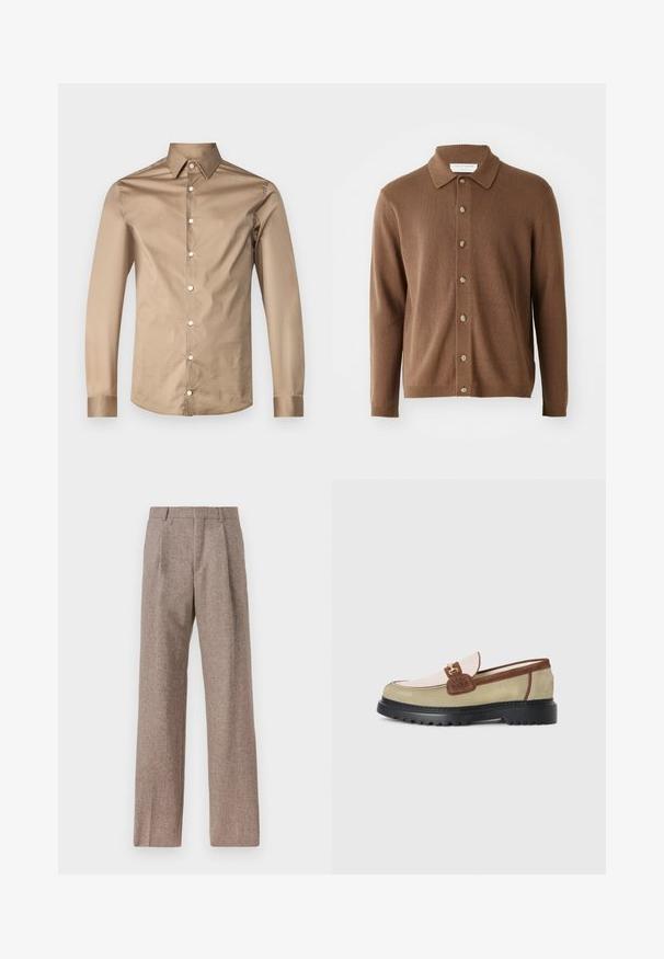 Brun strikket cardigan med krageutskjæring, med knappåpning foran og lange ermer, laget av mykt materiale med en subtil tekstur.; Tiger of Sweden FILBRODIE - Finskjorte - light brown; Brune, høytlivs bukser laget av teksturert stoff. Har vide ben og to frontfold for struktur. Pen finish uten synlig maskinvare.; Loafer med beige, lys rosa og brune semskede paneler, gullfarget metallbuckle detalj, og tykk svart gummisåle med mønster.